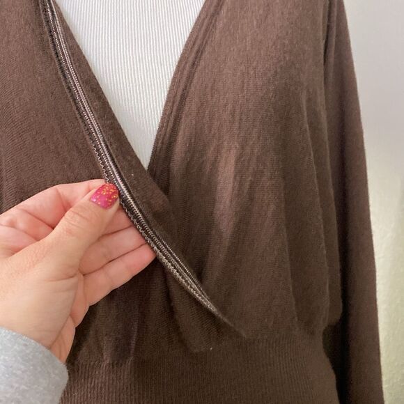 Designer M Missoni cashmere silk deep v brown soft sweater ruched tie sleeve - Picture 5 of 13